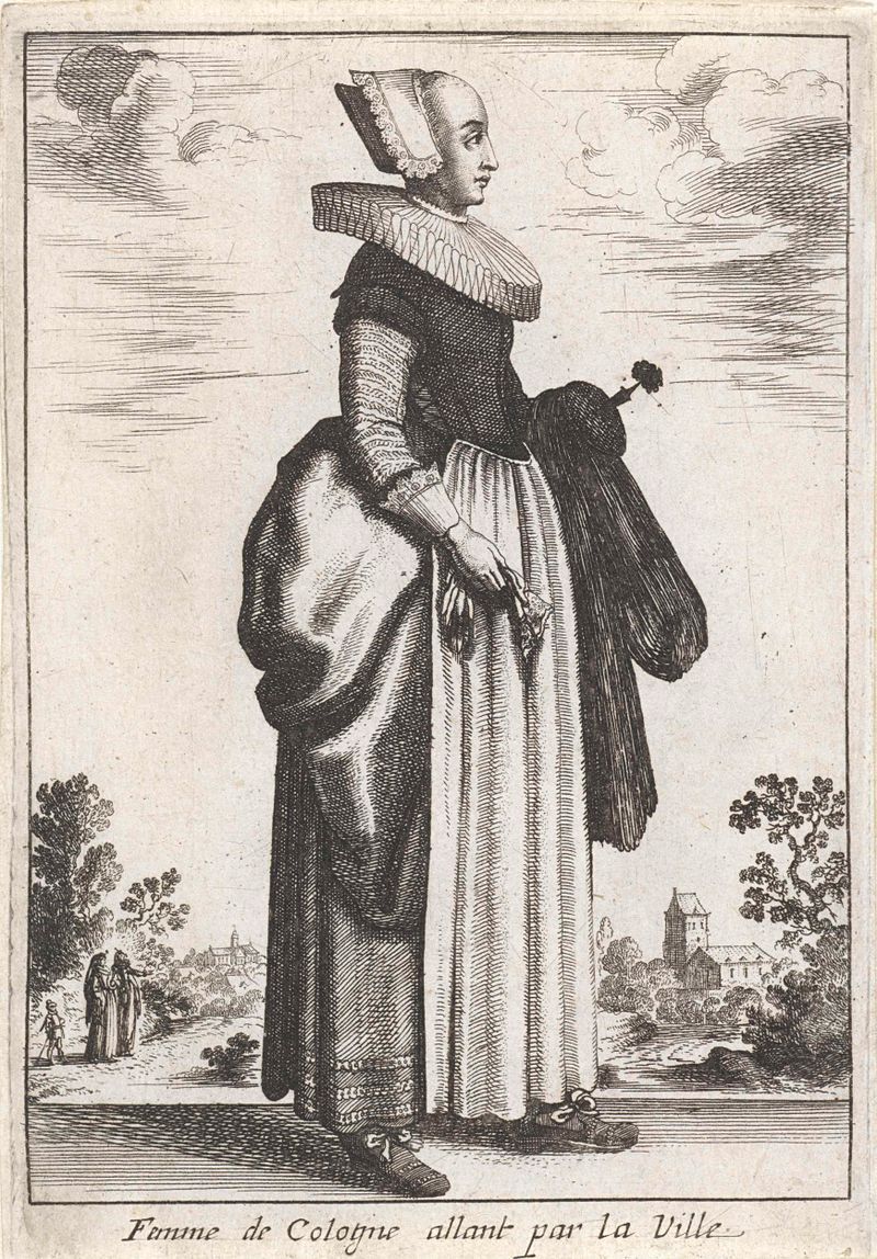 Femme de Cologne allant par la Ville, gravura de Unknown Artist, retratando uma mulher em trajes vibrantes.