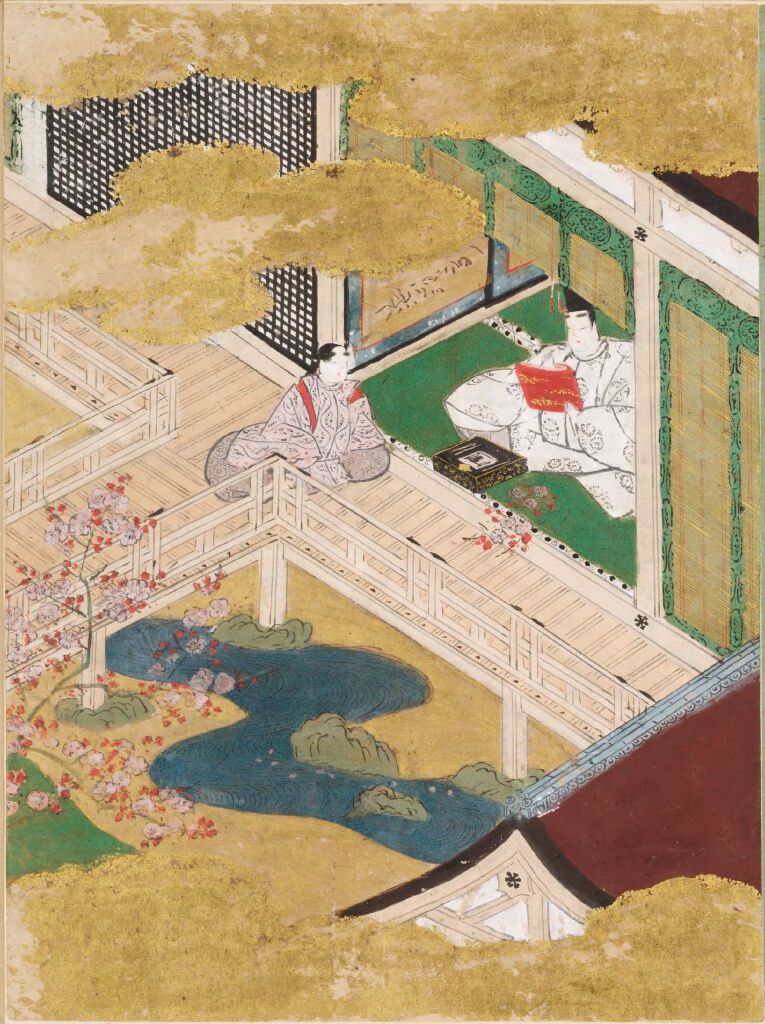 Red Plum Blossoms de Tosa Mitsunobu, meio dourado, com flores de ameixa vermelha intrincadas