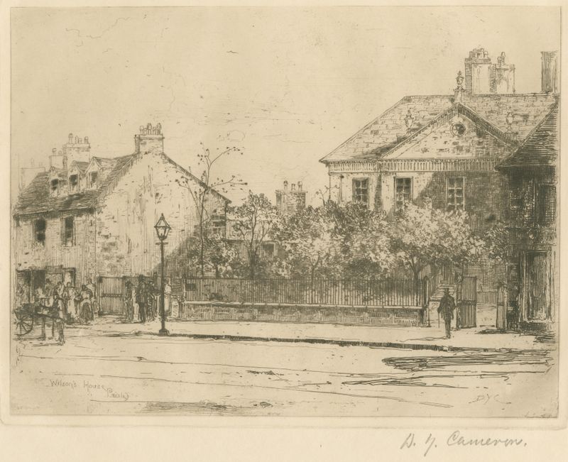 Paisaje que representa el Birth Place & Early Home of Professor Wilson de David Young Cameron, pintura al óleo