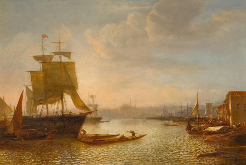 Oil on canvas by Jacob Jacobs depicting boats on the Bosphorus