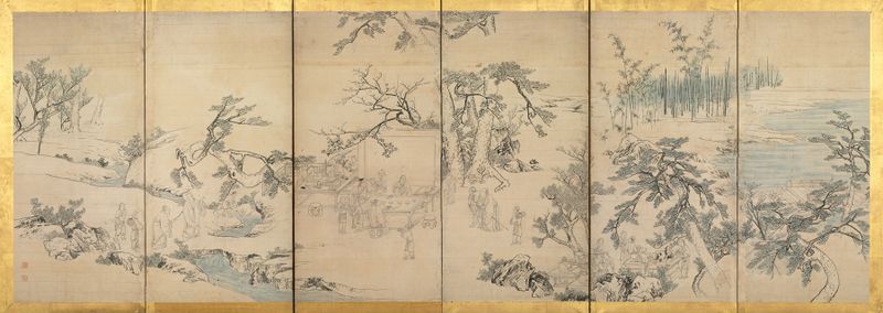 Escena de género con figuras conversando bajo orquídeas, tinta sobre seda de Maruyama Ōkyo
