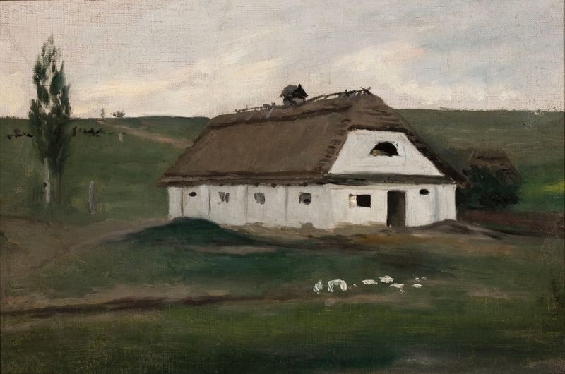 Barn by Adam Chmielowski, realism, depicting a weathered barn against a dusky sky