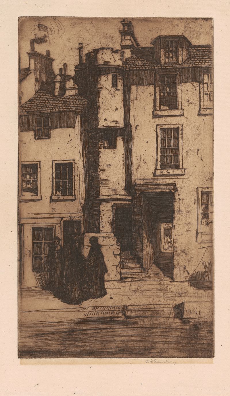Old Houses, Stirling etching by David Young Cameron depicting weathered buildings