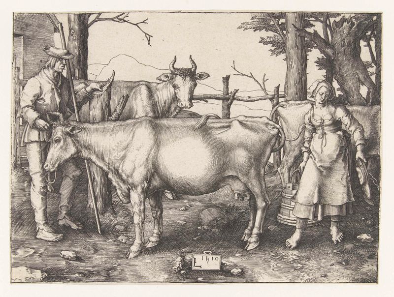 Gravura de Lucas van Leyden de uma leiteira segurando um jarro em um interior