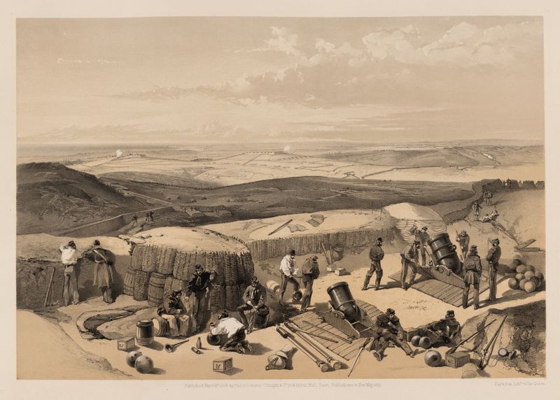 Escena histórica con soldados en el asedio de Sebastopol, pintura al óleo de William Simpson
