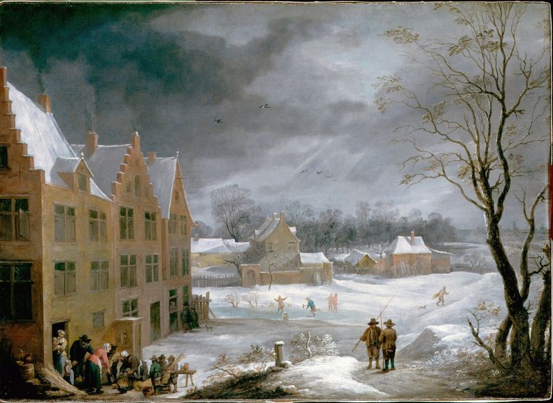 Winter scene with a man killing a pig, oil painting by David Teniers the Younger.