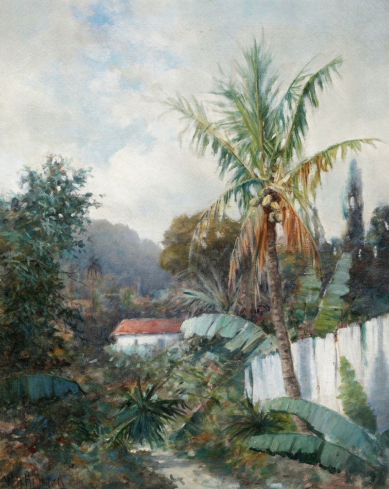 Paisagem tropical com flores vibrantes e vegetação de William H. Hillard, óleo sobre tela