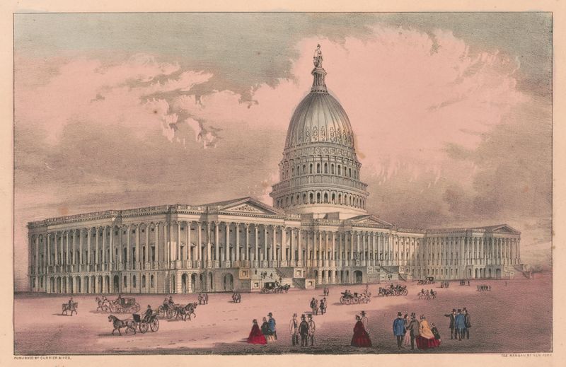 Lithograph by Currier & Ives depicting the United States Capitol with sunlight and trees.