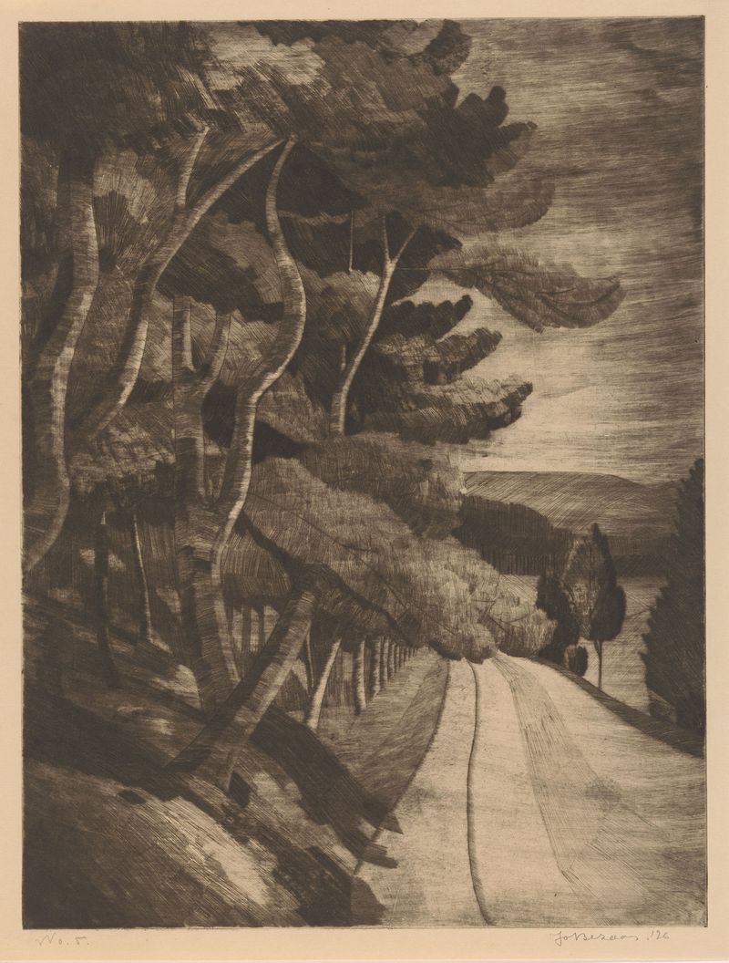 Weg langs bosrand by Jo Bezaan, oil on canvas depicting a path through a lush forest.