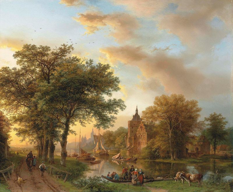 A River Landscape in Holland at Sunset, oil painting by Barend Cornelis Koekkoek