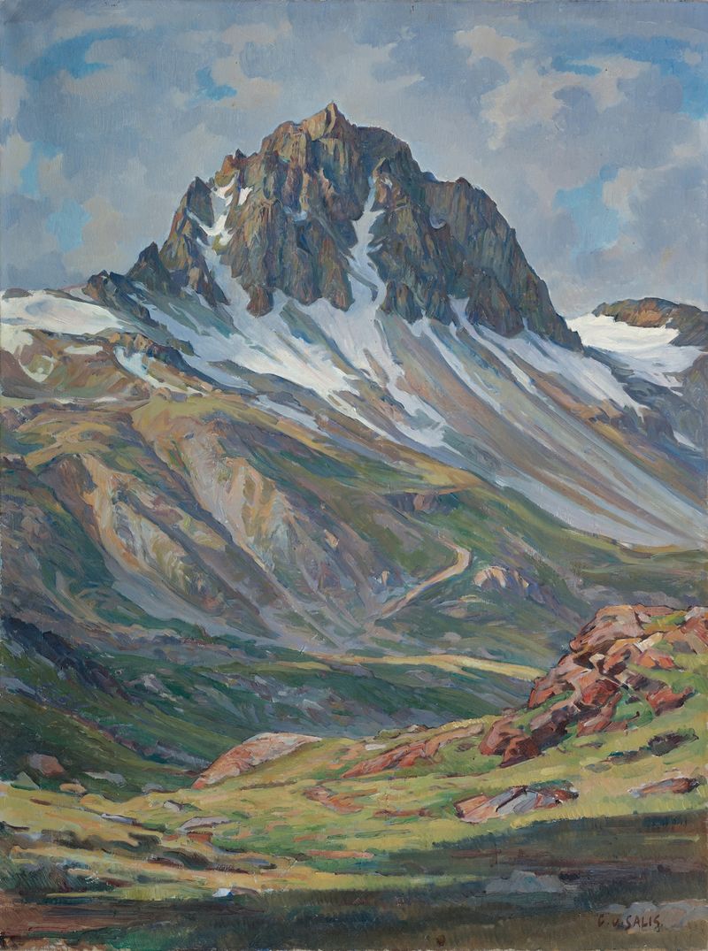 Mount Lagrev by Carl Albert von Salis, oil on canvas, depicting a serene landscape with mountains and rich earth tones.