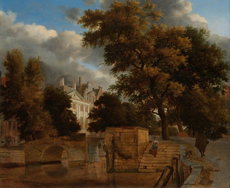The Stone Bridge by Jan van der Heyden, oil on canvas depicting a bridge over a river.