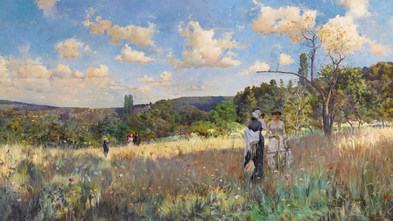 Pintura a óleo de paisagem de Julius Leblanc Stewart com luz quente e folhagem exuberante.