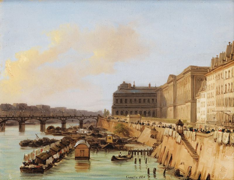 Oil painting by Giuseppe Canella depicting the Passerelle des Arts and the Louvre in Paris.
