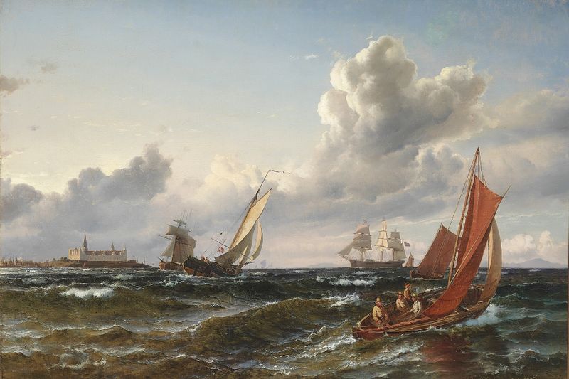 Marine scene with ships and a fishing boat by Carl Frederik Sørensen, oil on canvas