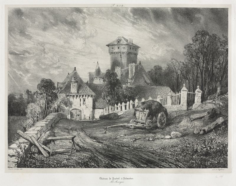 Paisaje con Pesteil Chateau en Polminhac, pintura al óleo de Eugène Isabey