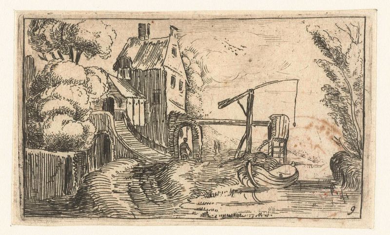 Etching by Esaias van de Velde depicting a factory by a calm canal