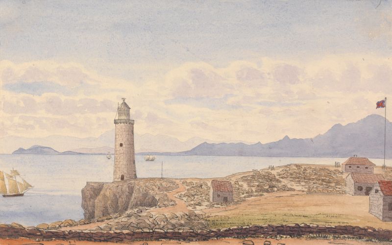 Europa Lighthouse by George Lothian Hall, depicting a lighthouse amidst turbulent sea, oil painting