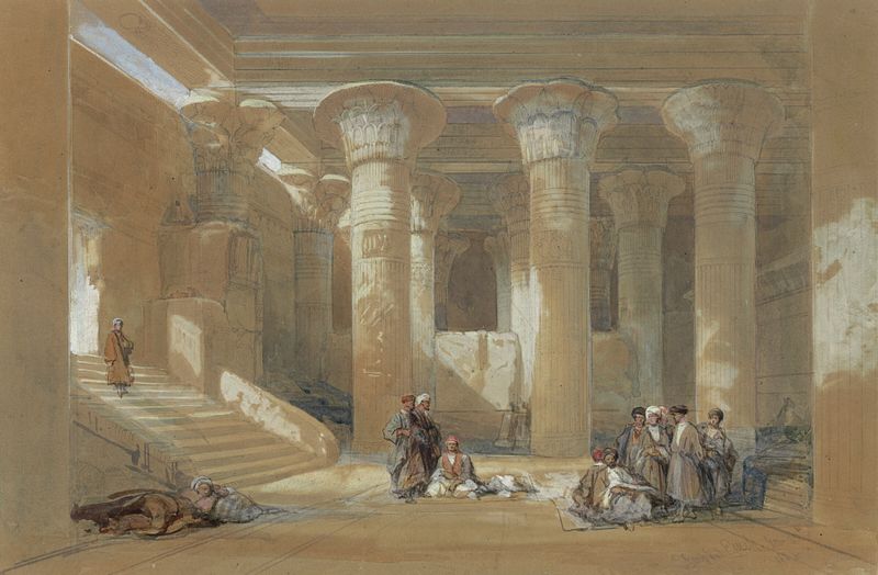 O Grande Pórtico no Templo de Esneh, Egito de David Roberts, retratando arquitetura antiga, óleo.