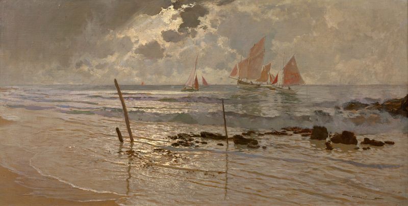 Cena marinha com veleiros no mar, pintura a óleo de Amédée-Julien Marcel-Clément