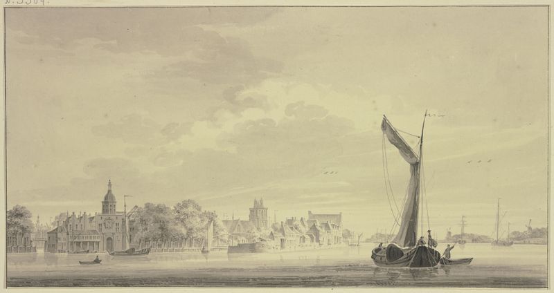 Dordrecht te rien van Papendrecht by Paulus van Liender, oil on canvas depicting a river with boats at sunset.