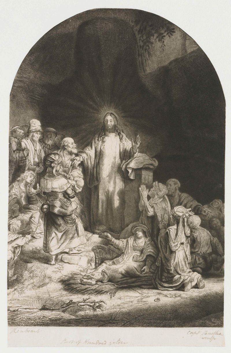 Etching by Rembrandt van Rijn depicting Christ preaching to a crowd