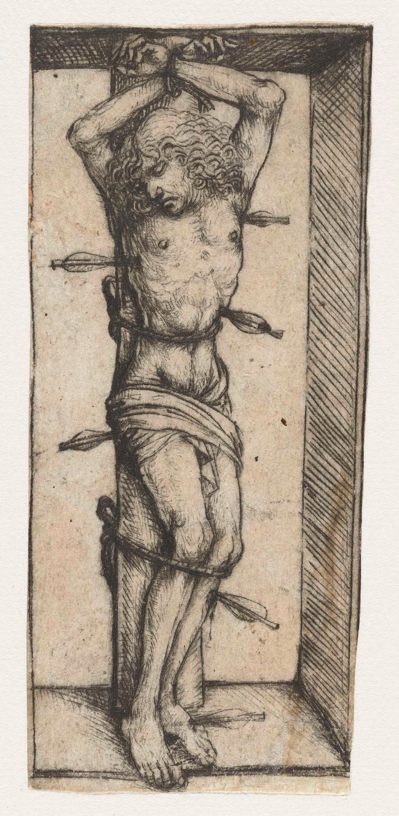 Heilige Sebastiaan in een nis, ponta seca de Meester van het Amsterdamse Kabinet, representando um santo em uma nicho com ...