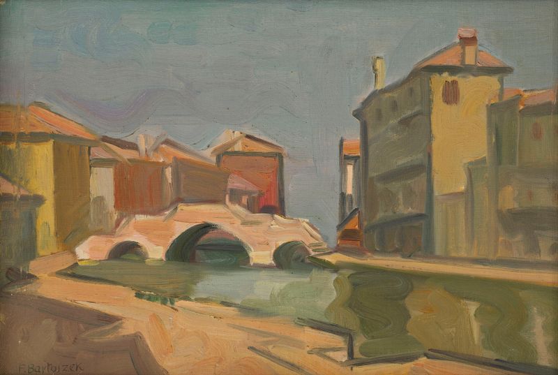 Venice by Franciszek Bartoszek, oil on canvas depicting canals and reflections