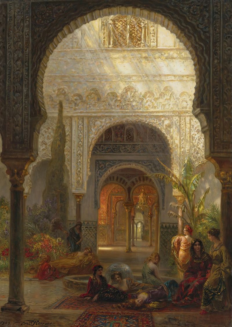 The Patio Della Reina, an impressionist work by Ernest Karl Eugen Koerner, featuring a sunlit courtyard.