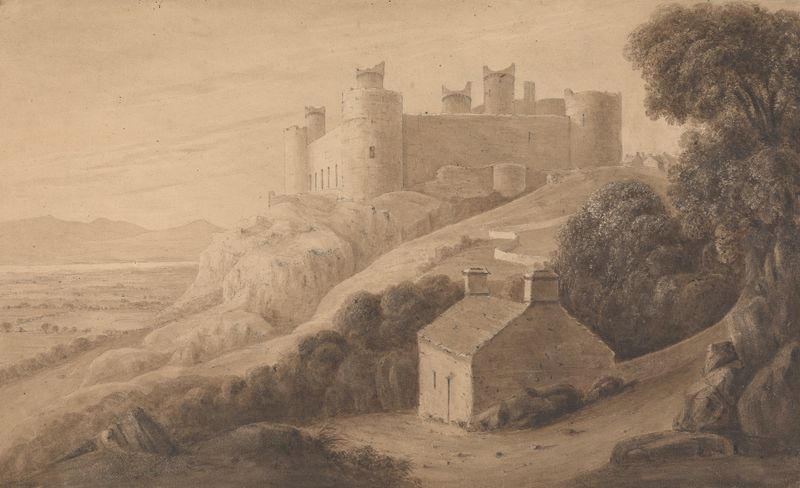 Harlech Castle by Isaac Weld, oil on canvas, depicts a majestic castle against the sky.