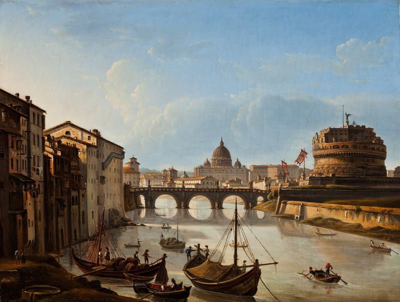 View of the Tiber in Rome, oil on canvas by Michelangelo Pacetti
