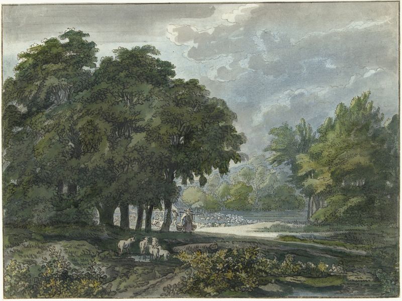 Landscape with herders and flock in a forest, oil painting by Jacob van Liender