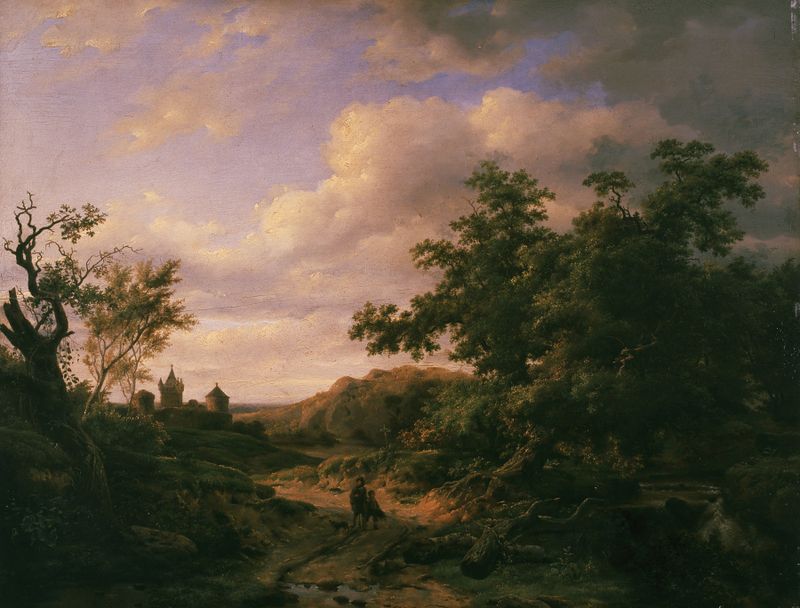 Paisagem com um castelo e uma estrada sinuosa, óleo sobre tela de Jean François Xavier Roffiaen