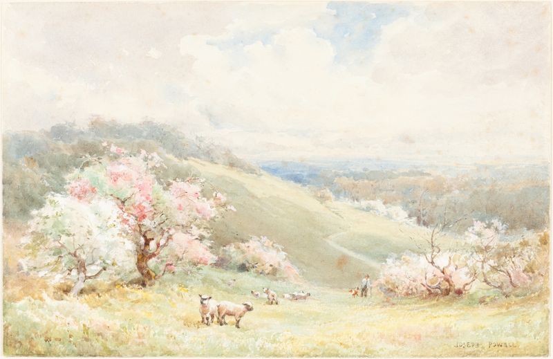 Spring by Joseph Rubens Powell, oil painting depicting a lush grove with vibrant greens and soft pastels.