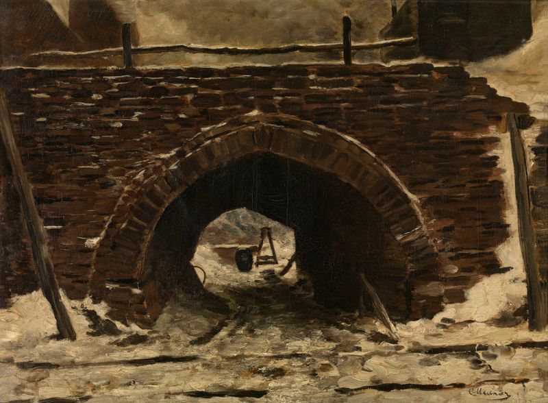 Bronze sculpture by Constantin Meunier depicting an old bridge over a tranquil river
