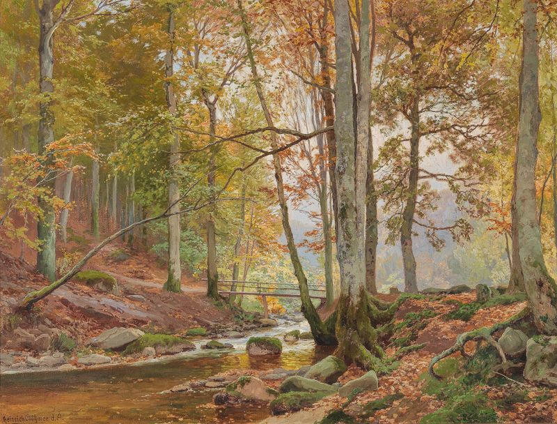 Autumn woodland with a stream and bridge, oil painting by Heinrich Böhmer