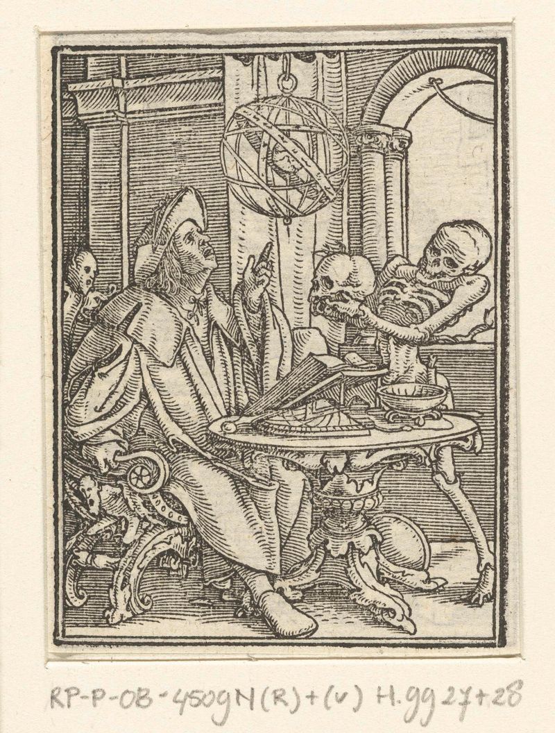 Desenho figurativo em papel de Hans Holbein II com um astrônomo e um crânio.