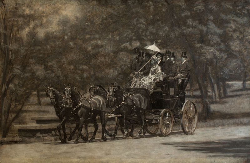 The Fairman Rogers Four-In-Hand by Thomas Eakins, oil painting of figures and carriages in a sunlit park.