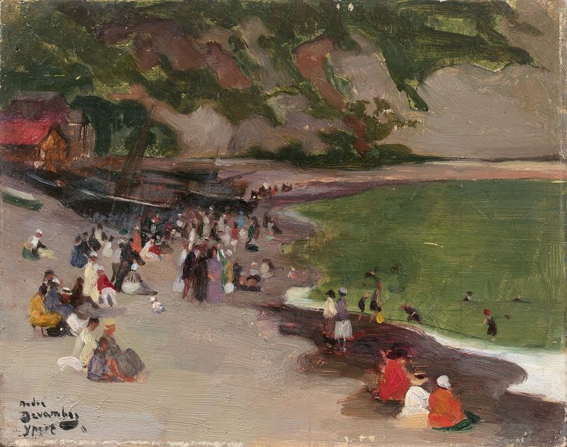 Marine scene with waves and shore by André Victor Édouard Devambez, oil painting.
