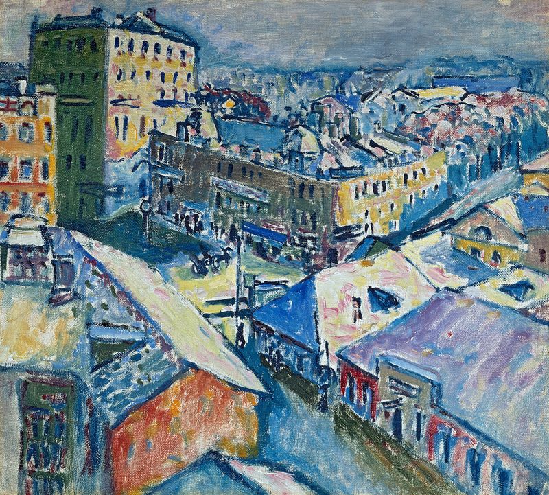 Abstract work by Wassily Kandinsky, 1916, featuring geometric shapes and vibrant colors.