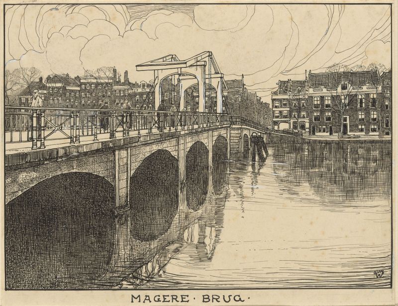 De Magere Brug te Amsterdam de Willem Wenckebach, modernismo, mostrando un puente con sombras y luz intrincadas.