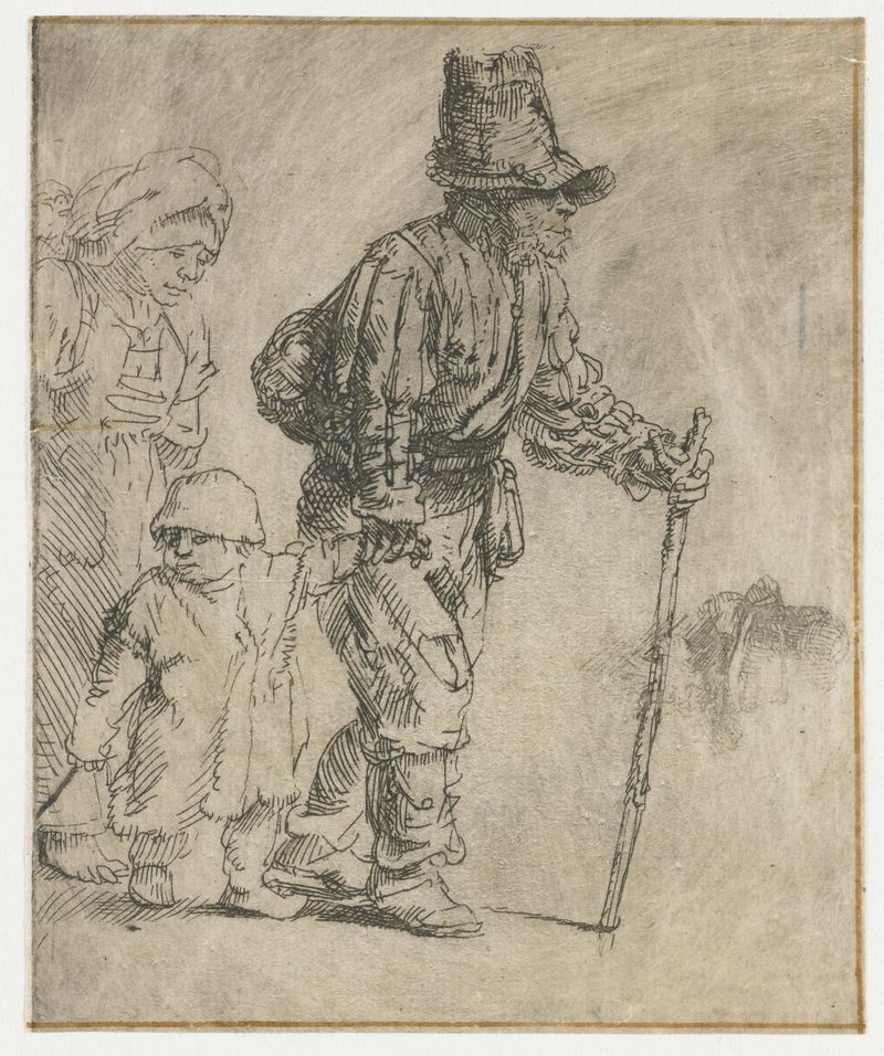 Grabado de Rembrandt van Rijn que muestra a una familia campesina cansada en la desesperación.