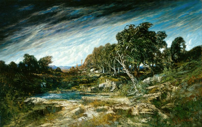 El Soplo de Viento de Gustave Courbet, pintura al óleo que representa una figura en un paisaje natural.