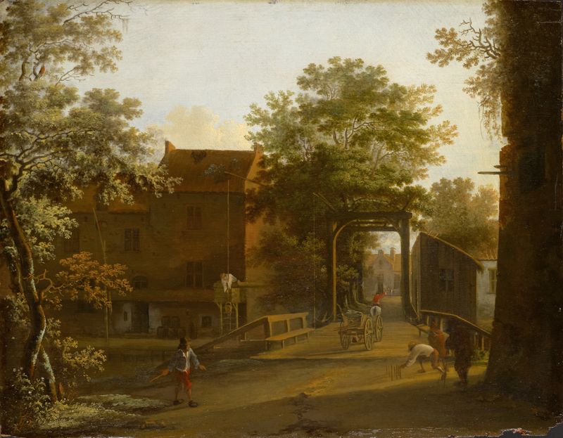 Street with Drawbridge de Jan Both, óleo sobre lienzo que representa un sereno paisaje de río.