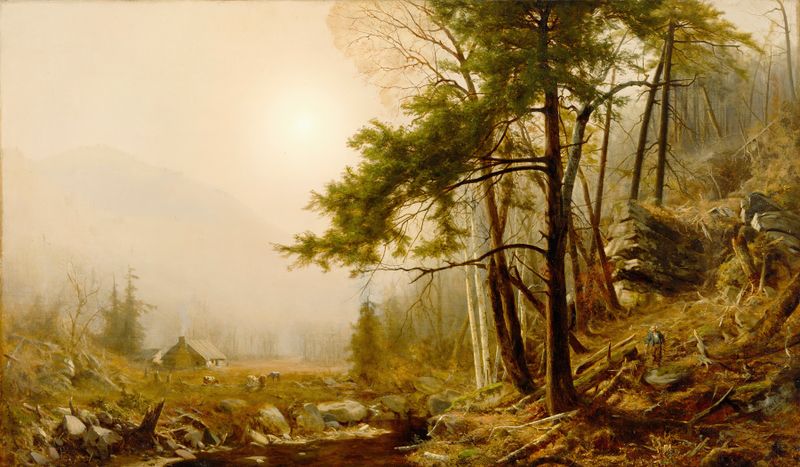 Landscape oil painting by Jervis McEntee depicting autumn trees and golden light