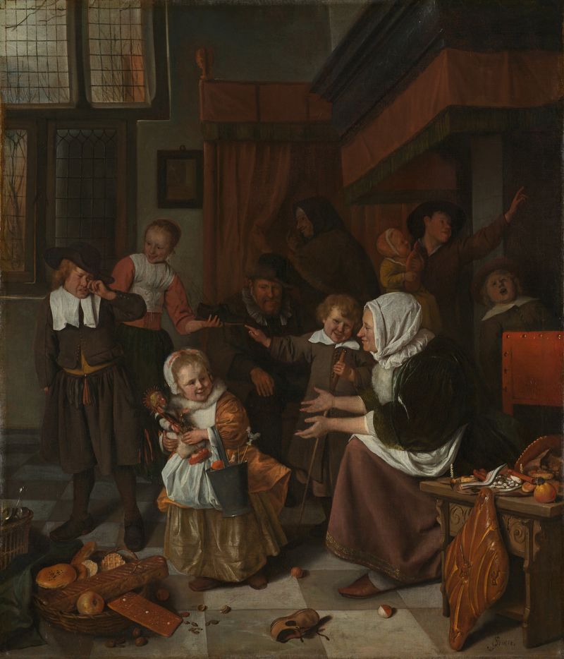 The Feast of St Nicholas, oil painting by Jan Havicksz. Steen, depicting children receiving gifts.