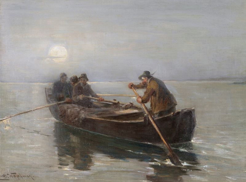 Moonlight landscape with river by Joseph Wopfner, oil painting