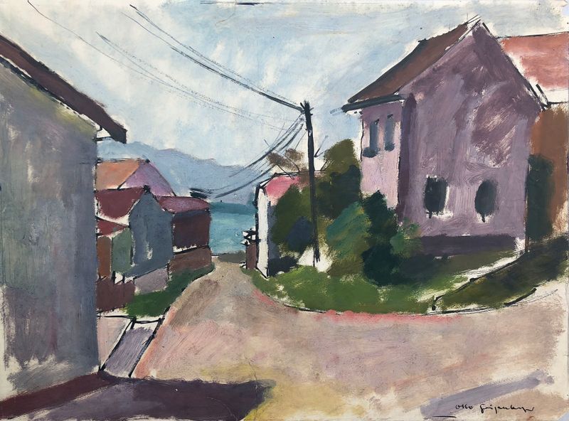 Gstadt am Chiemsee de Otto Geigenberger, óleo sobre lienzo que muestra un lago tranquilo y montañas.