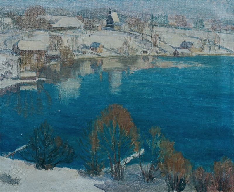 Winter landscape with snow-covered hills and bare trees by Walther Gamerith, 1940, medium unknown.
