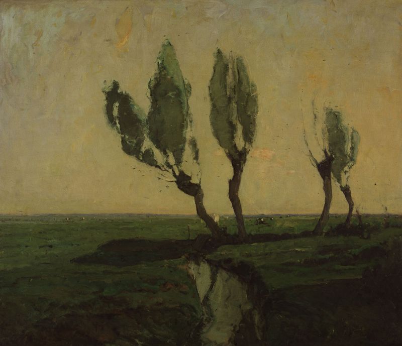 Morning in the Polders by Frans Hens, impressionism, depicting a tranquil landscape with waterway and pastel sky